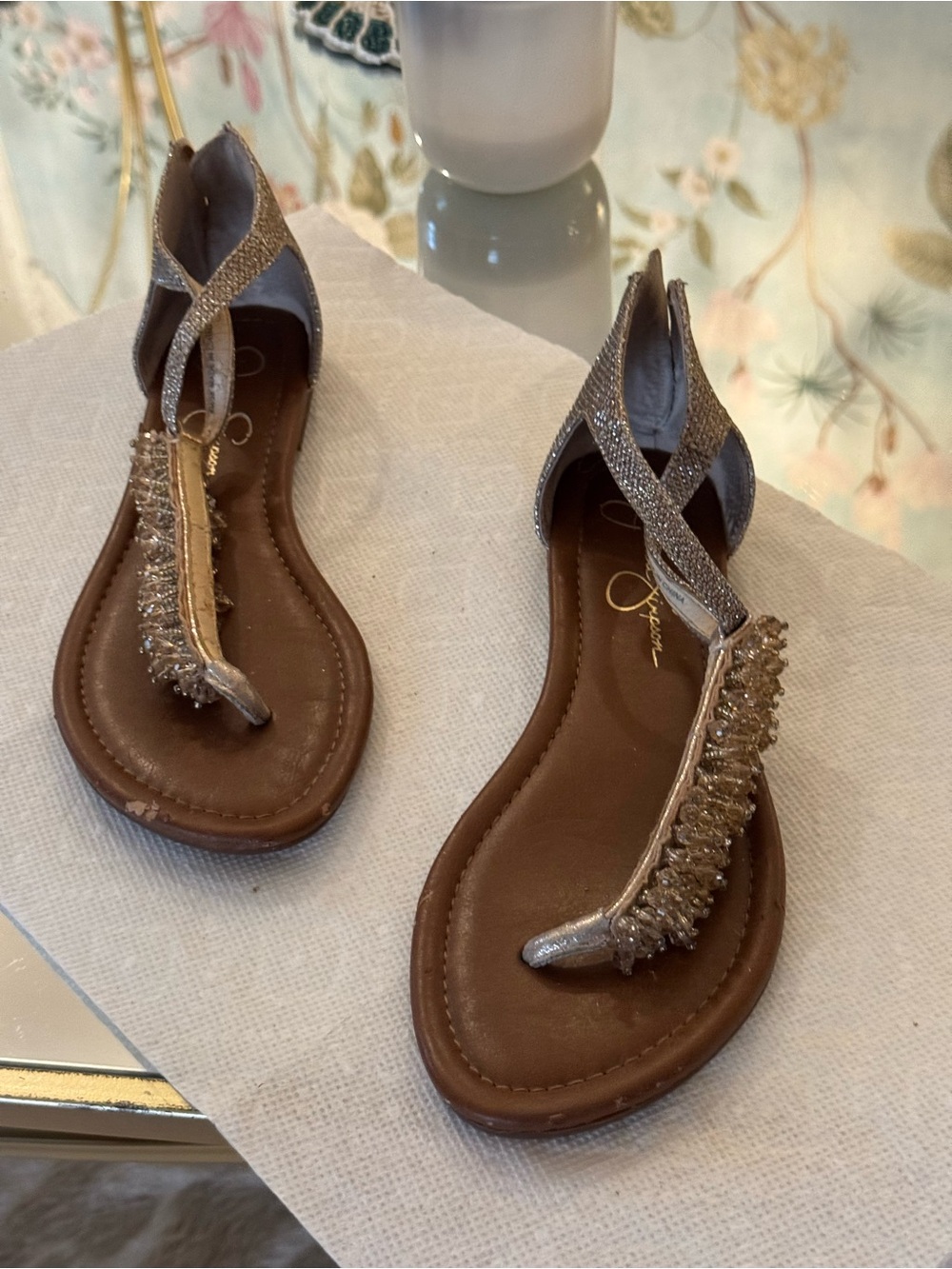 Jessica Simpson Champagne Metallic Beaded T-Strap Sandals
